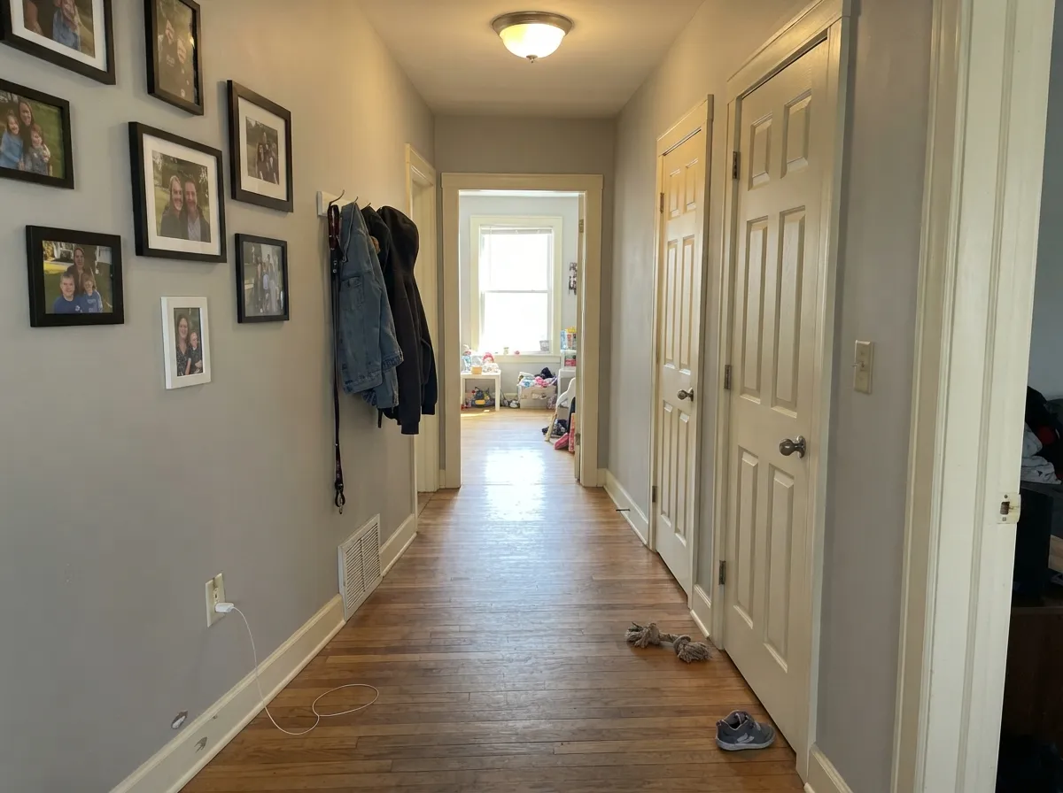 The millwork job it was mixed for: cream trim against a warm greige wall, no brighter white anywhere, so the yellow-orange never has a neighbor to look dingy against.