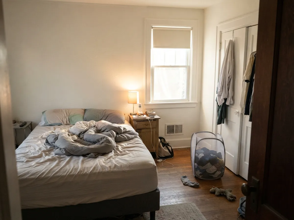 On a ceiling it disappears in a good way — LRV 92 bounce without the blue-white glare Ultra Pure White would throw over warm bedding.