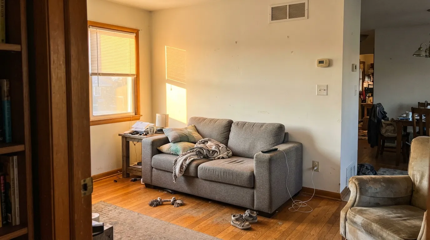 The honest shot: late western sun turns Simply White cream-yellow on four walls — the yellow-family undertone with nowhere to hide.