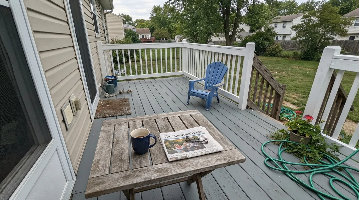 Slate Gray on a real backyard deck in open shade — this is the light where it reads exactly like the chip, a calm mid gray against white rails.