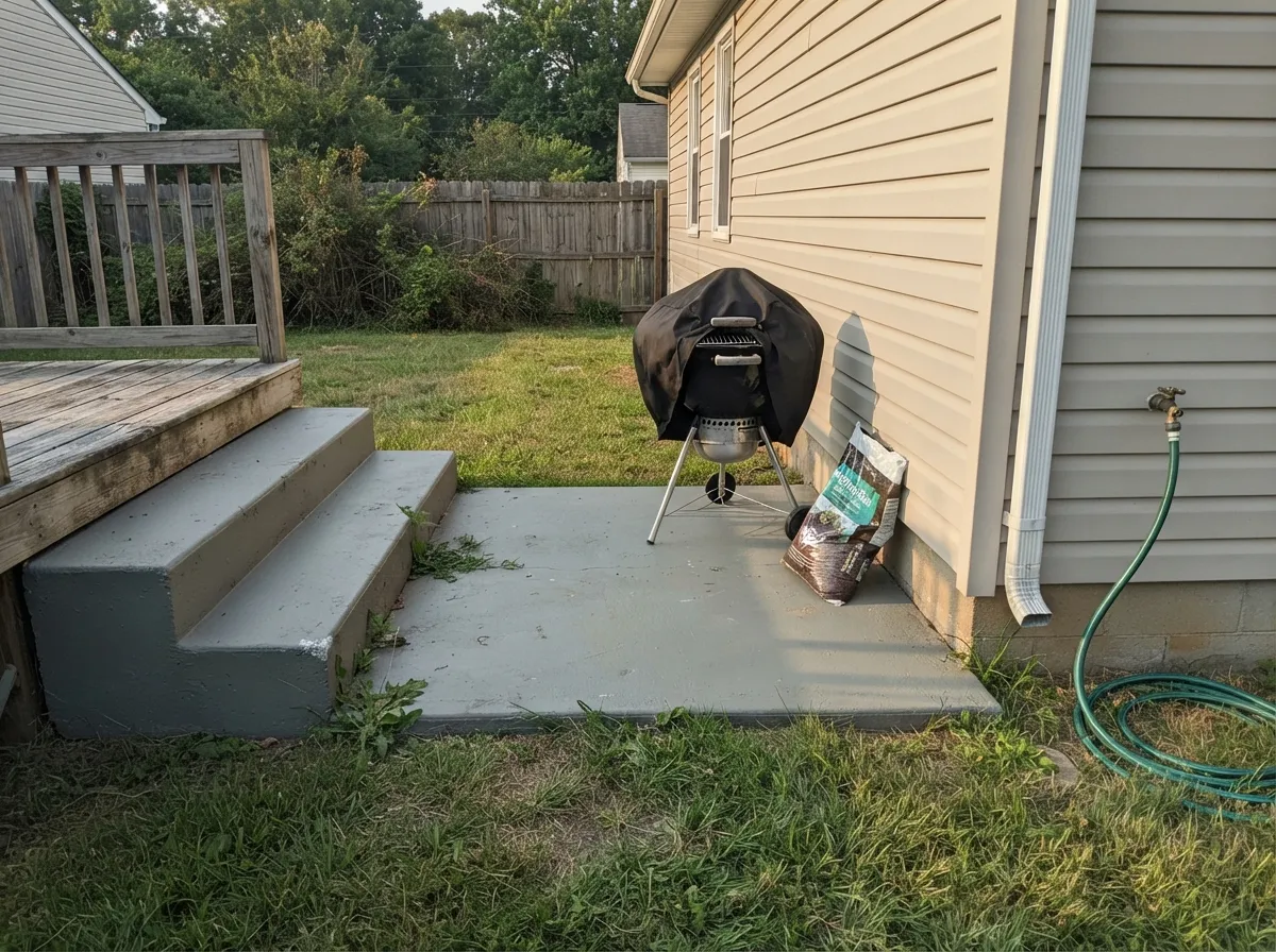 On concrete it looks even better than on wood — no grain to break up the flat tone, and the same gray covers steps, slab and basement floor.