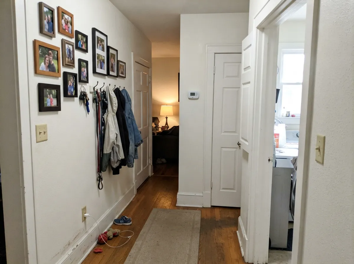 The one-color millwork rule in practice: trim and doors in a higher sheen, no brighter white anywhere, so the yellow never has a neighbor to look dingy against.