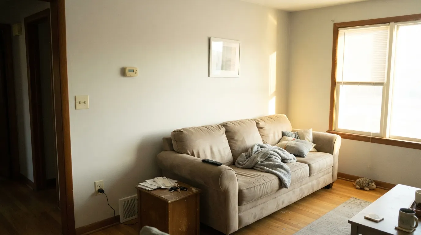 The honest shot: late western sun turns Sleek White cream-yellow — the Simply White failure, a little louder, in a Behr can.