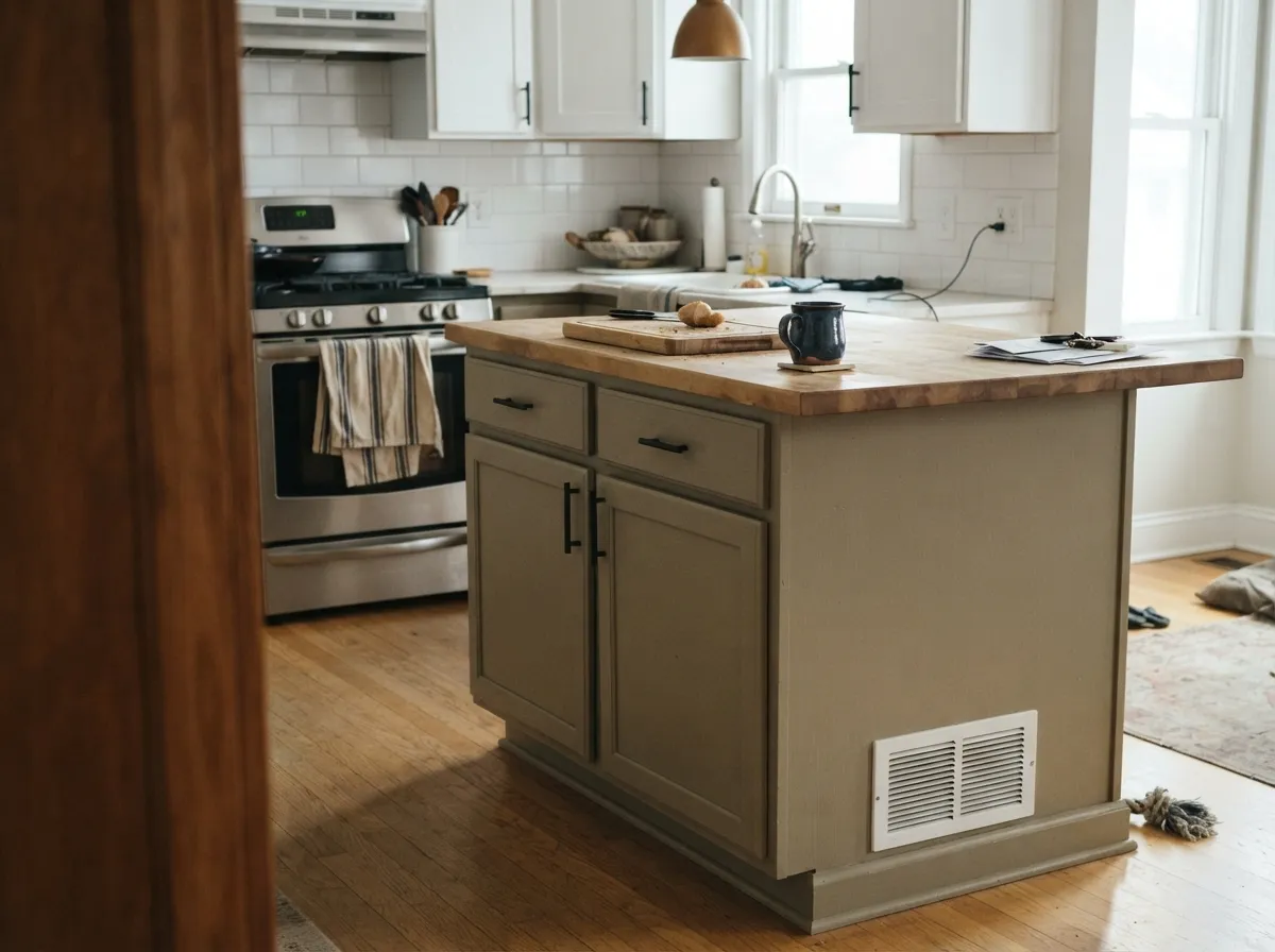 The job Behr actually built a semi-gloss formula for: island and lower cabinets in Smoked Tan, white uppers, black hardware.