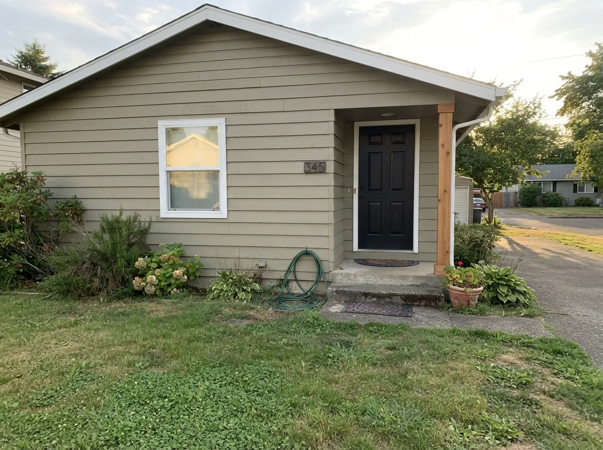 Outdoors it holds its warmth against white trim and cedar — the classic modern-farmhouse read this satin exterior formula was made for.