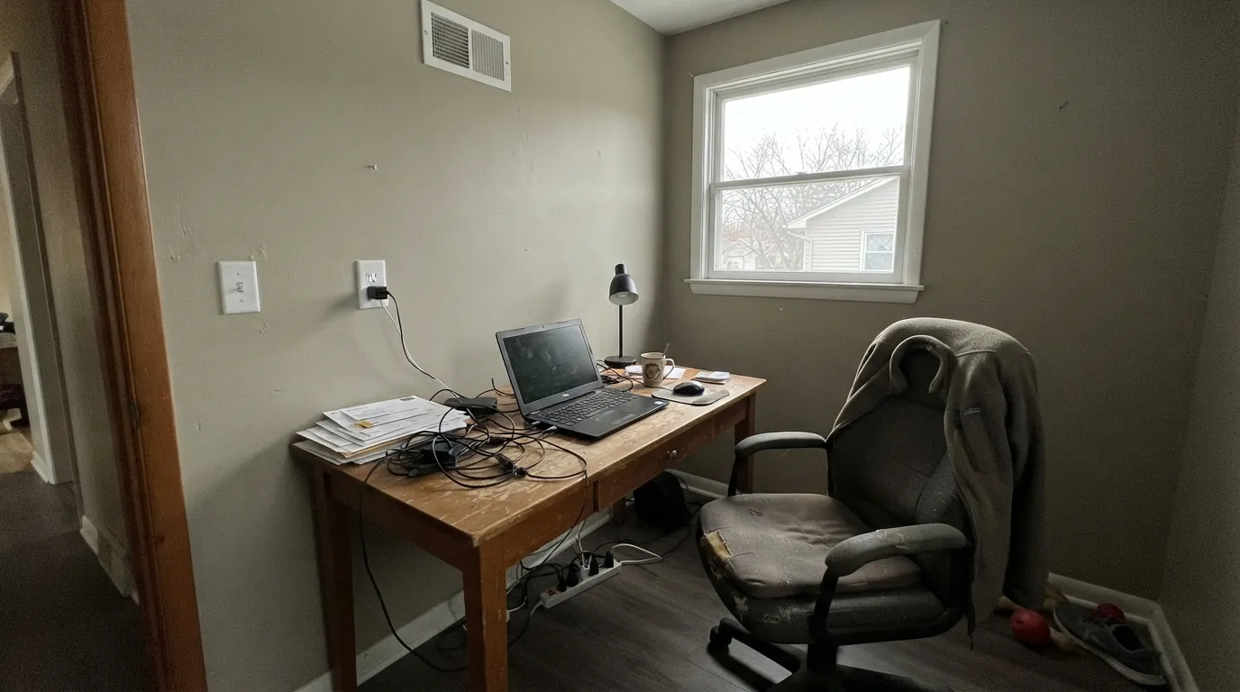 The honest shot: a dim north room with no lamps strips the tan out entirely and leaves a flat stone-gray — the light this color cannot fake its way through.