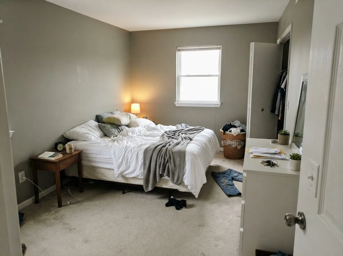 In a morning-lit bedroom the mid-tone stays restful — warm taupe, not industrial gray, not a pale Instagram wash.