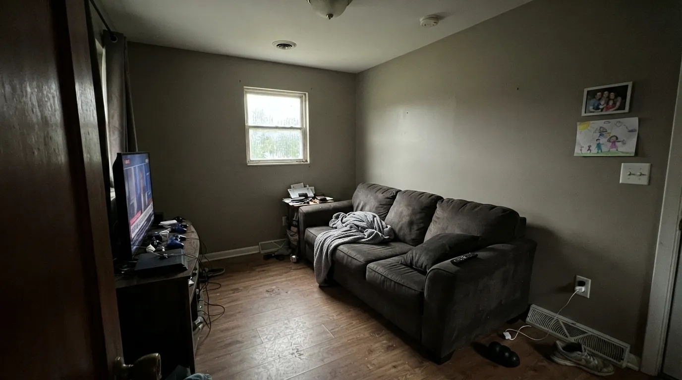 The honest shot: in a dim north room with no lamps, the brown drains out and Smokestack goes drab gray-green — the exact cool-light failure the undertone warning is about.