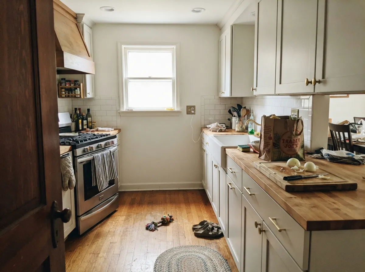 On cabinets it is the cheap good look — satin Smoky White with brass and butcher block, hiding knuckle marks a brighter white would broadcast.