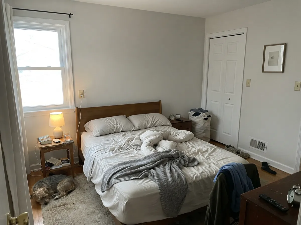 In a morning-lit bedroom the grayed warmth stays soft — no butter yellow, no hospital white.