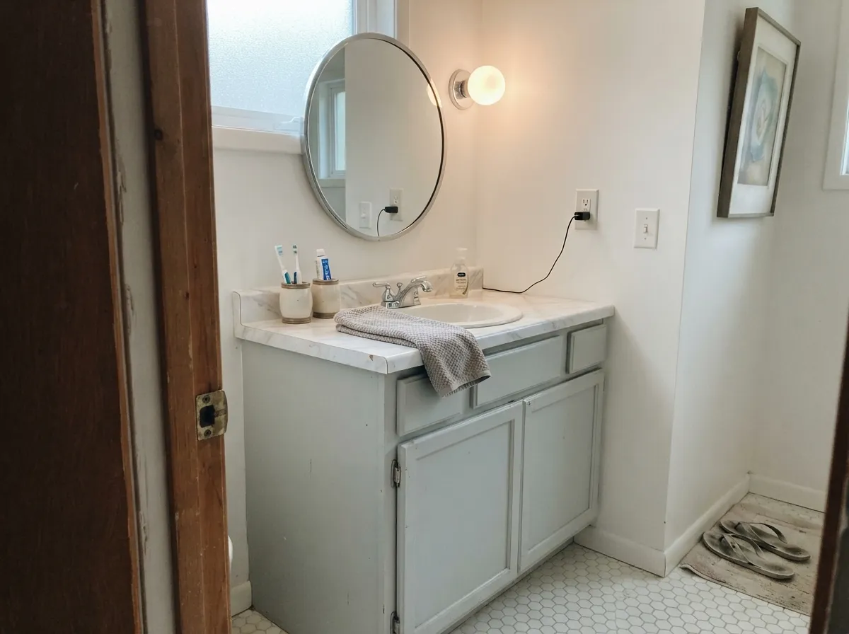 On a vanity next to chrome and white marble-look counters, the cool undertone reads clean and spa-like rather than cold.