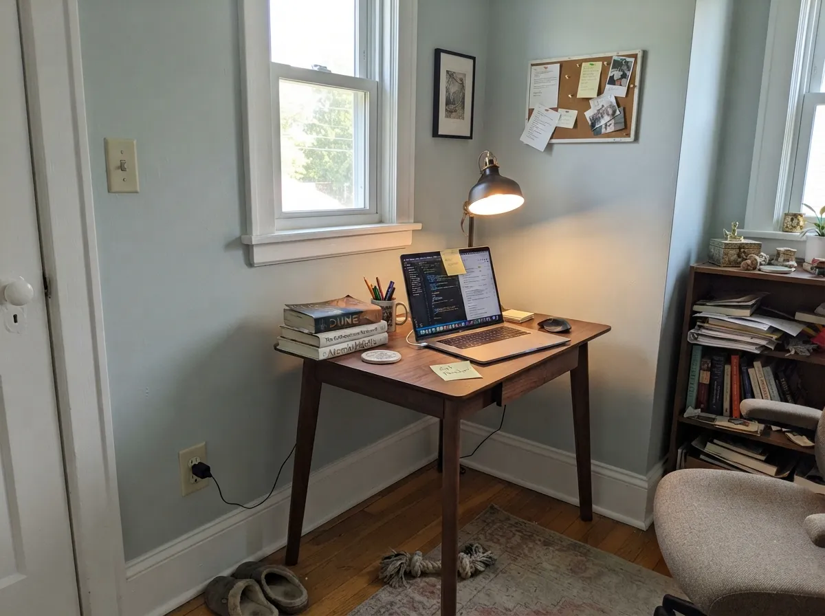 A quiet office corner: dark walnut and a black lamp carry the room while the pale cool wall stays out of the way.