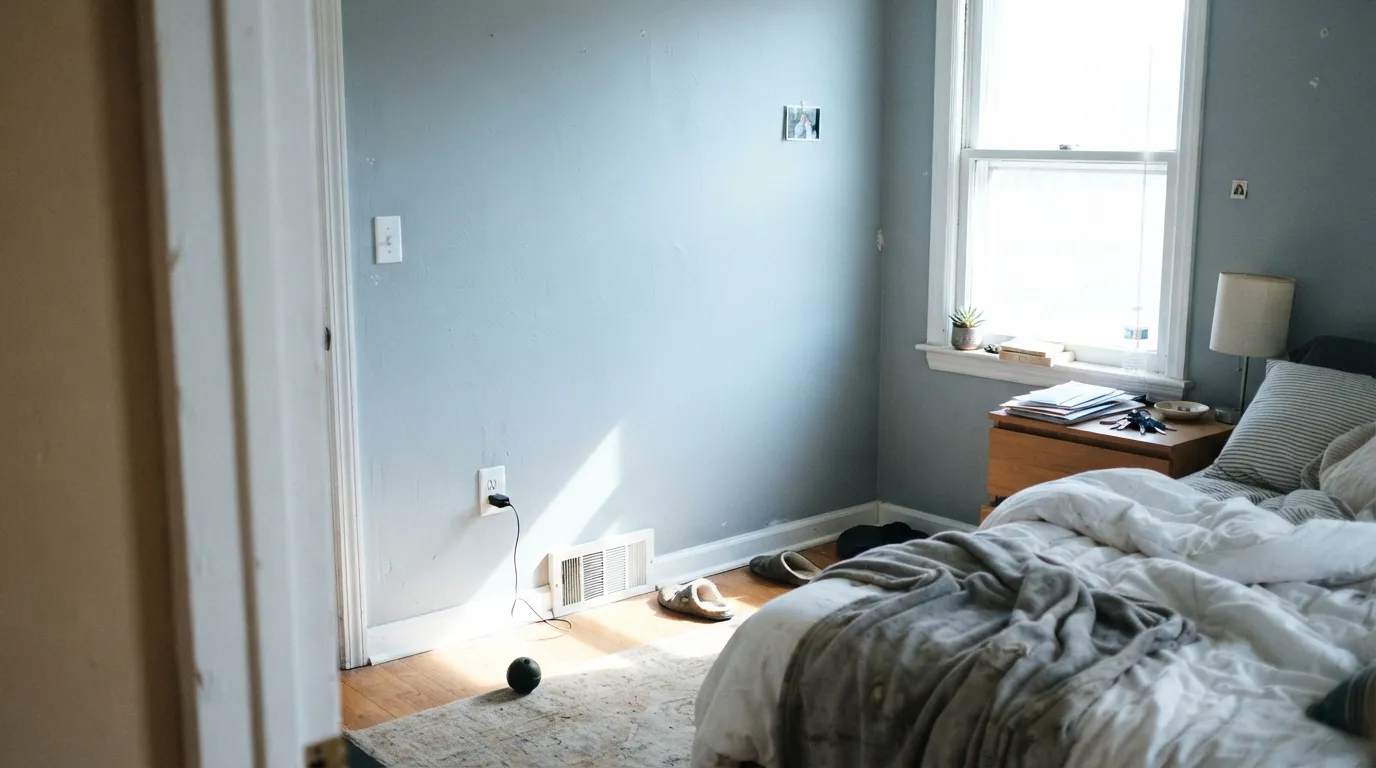 The honest shot: in strong direct sun the blue-green comes forward and the wall reads pale blue, not gray — the exact complaint buyers who wanted a true neutral report.