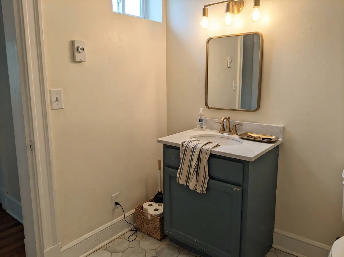 The designer move: a Sophisticated Teal vanity under warm light reads custom, not cautious.
