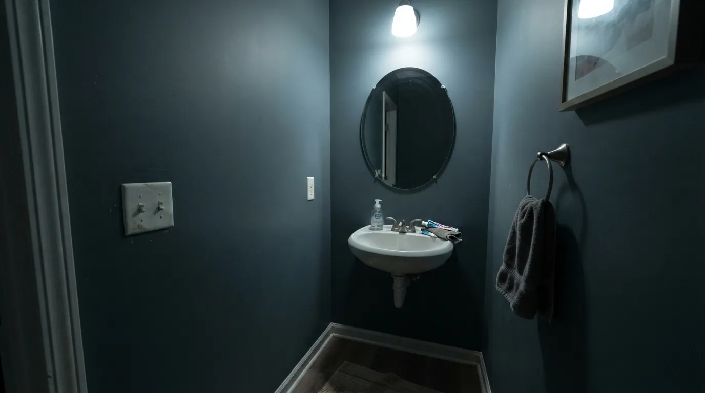 The honest shot: under a cool bulb with no daylight, the green disappears and the wall reads almost black — the exact situation behind the color's low-light complaints.