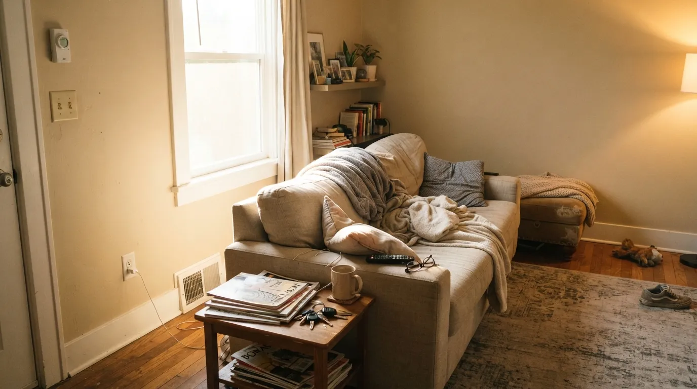 Spanish Sand in the light it wants — south sun in late afternoon, warm and sandy with a real glow, oak floor and soft white trim.