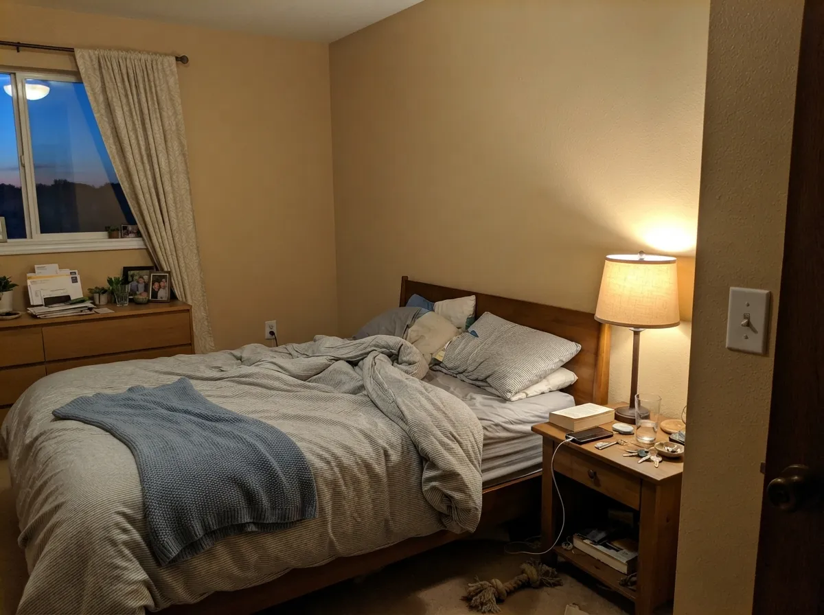 Under a warm lamp at night the sand sinks into a cozy, deep greige — the dusk effect that makes it work so well in a bedroom.