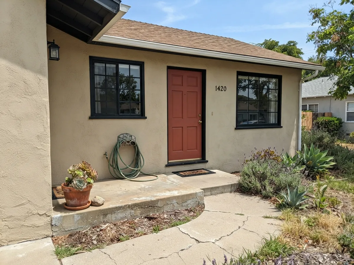 On stucco in full sun this is Spanish Sand's best job — Mediterranean sandy warmth against black trim and a terracotta door.