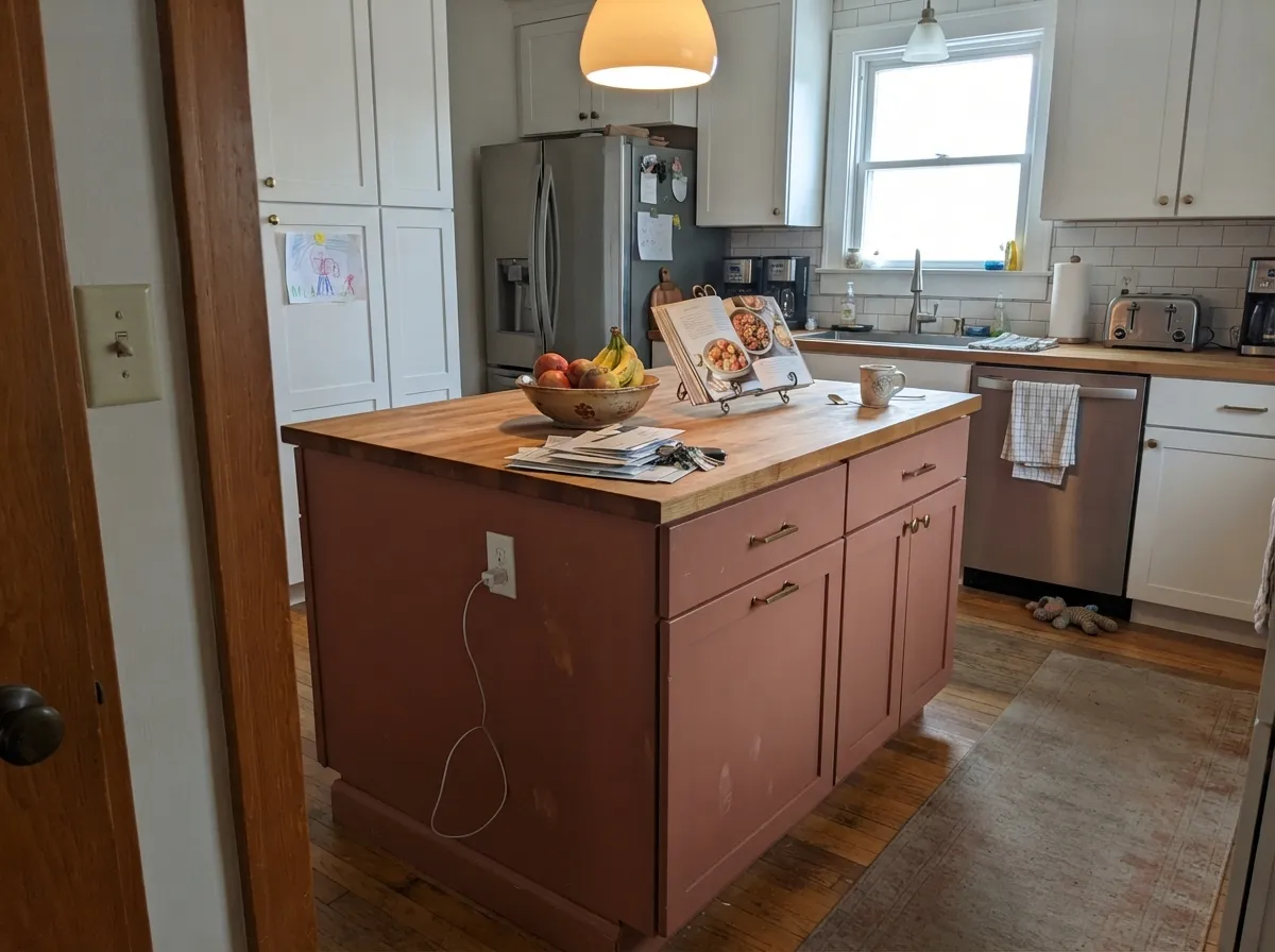 On an island under white perimeter cabinets it's a genuinely handsome warm neutral.