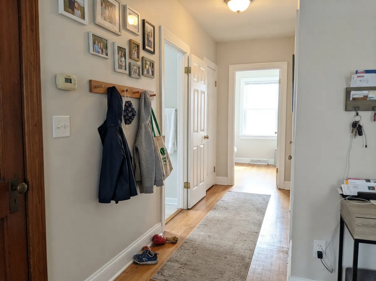 The whole-house test: hallways are where Spun Wool earns its keep — light enough to stay open, warm enough that the run of walls does not go gray.