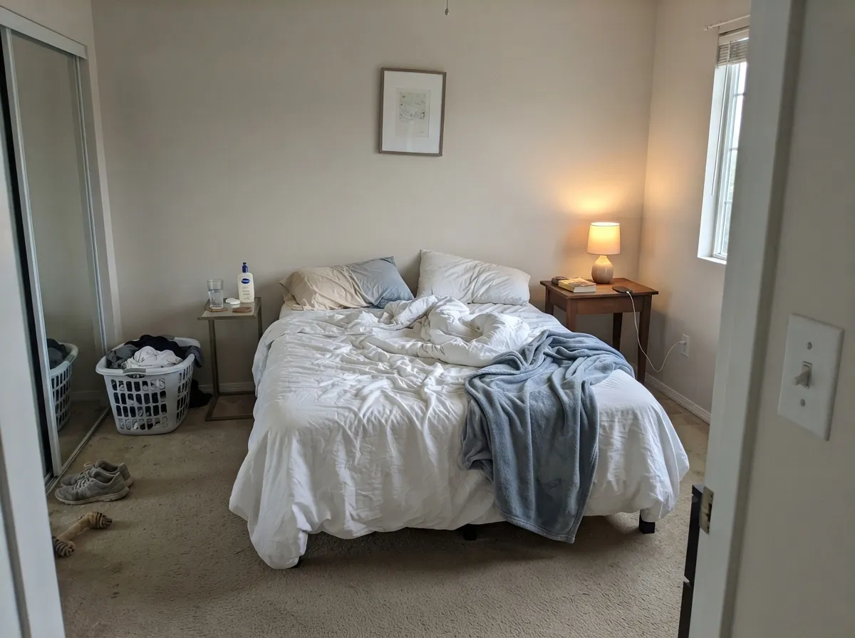 In a morning-lit bedroom the taupe stays soft — linen, not brown, not hospital white.