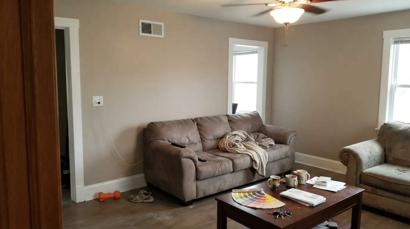 The honest shot: next to Polar Bear-bright trim, Spun Wool is not a white — it is the taupe Behr printed on the chip, and the walls look dingy by comparison.