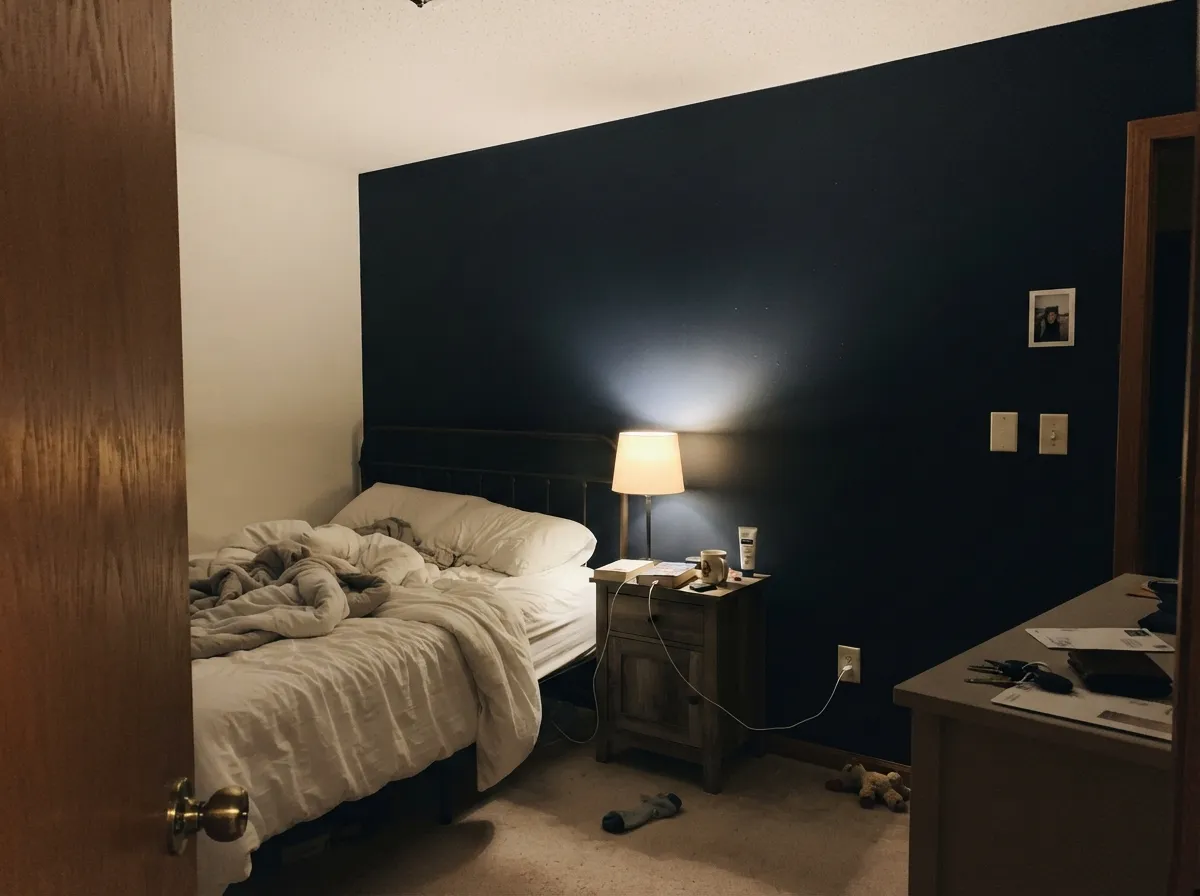 One lamp aimed at the wall is what keeps the blue visible after dark — without it, this same wall just reads black.