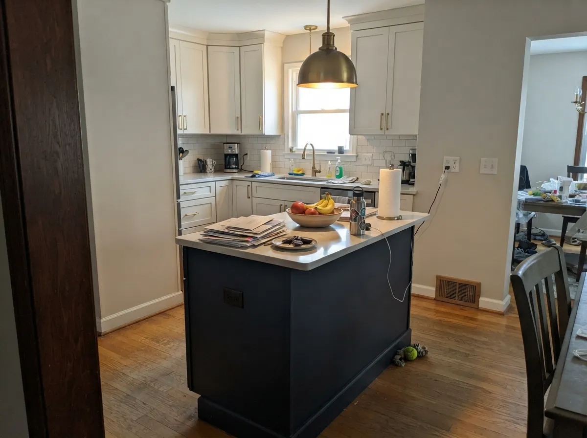 Under strong task light the slate-blue is unmistakable — the direct light this color actually needs to read as navy instead of black.