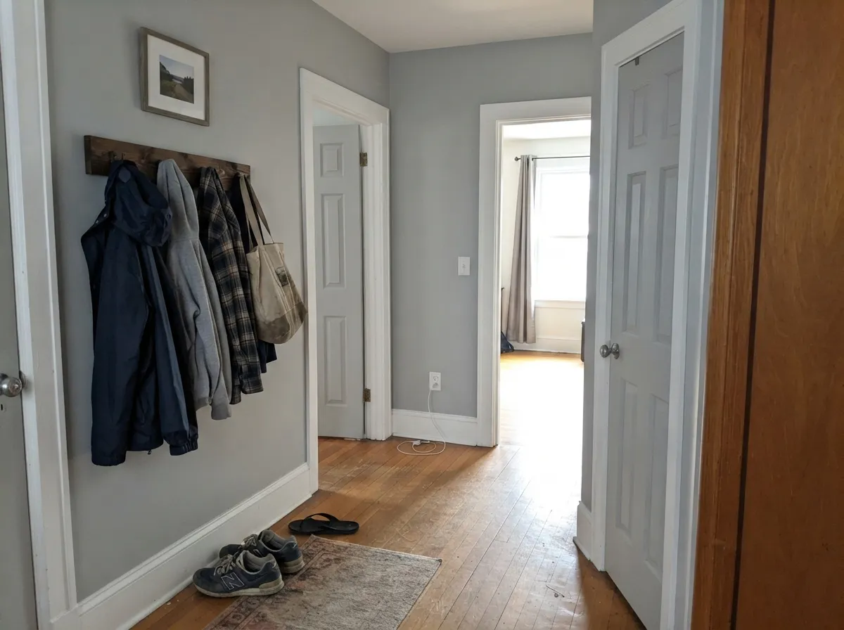 The trim job: Statement White millwork on Light French Gray walls — contrast without a brighter white making the gray look dirty.