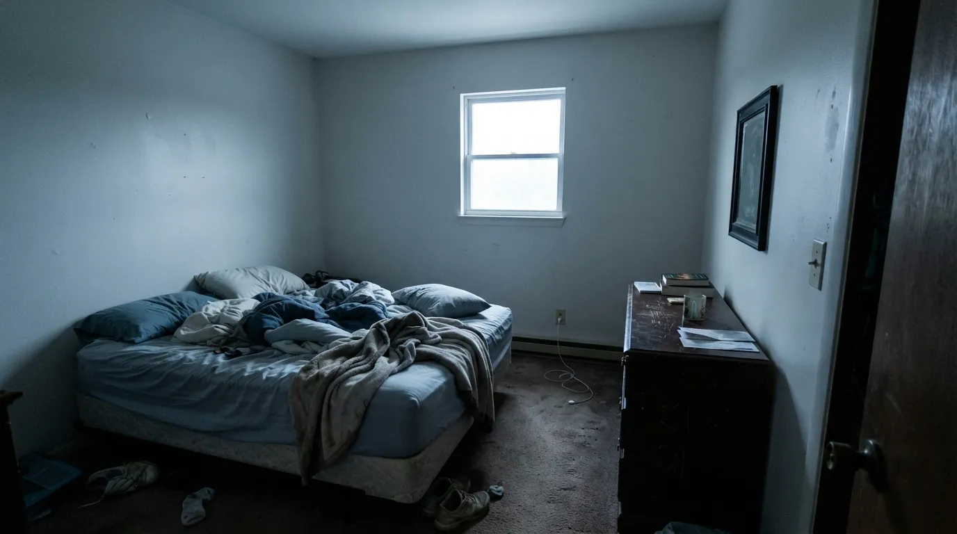 The honest shot: in a dim north room with no lamps, Statement White stops reading as white and goes dingy gray-blue — the Decorator's White family complaint.