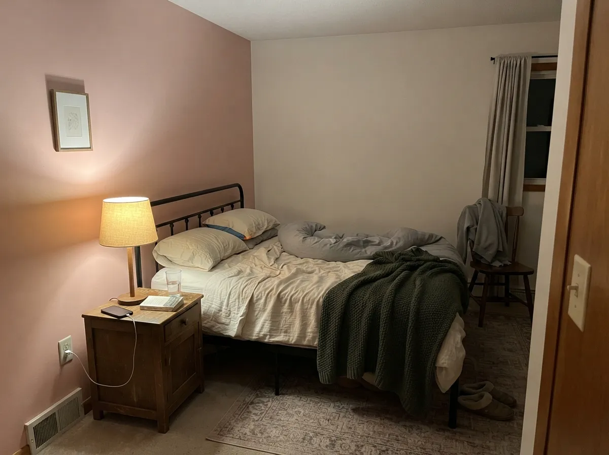Warm lamplight and a black bed frame push the color toward rosy and grown-up — the pairing that keeps it from reading sweet.
