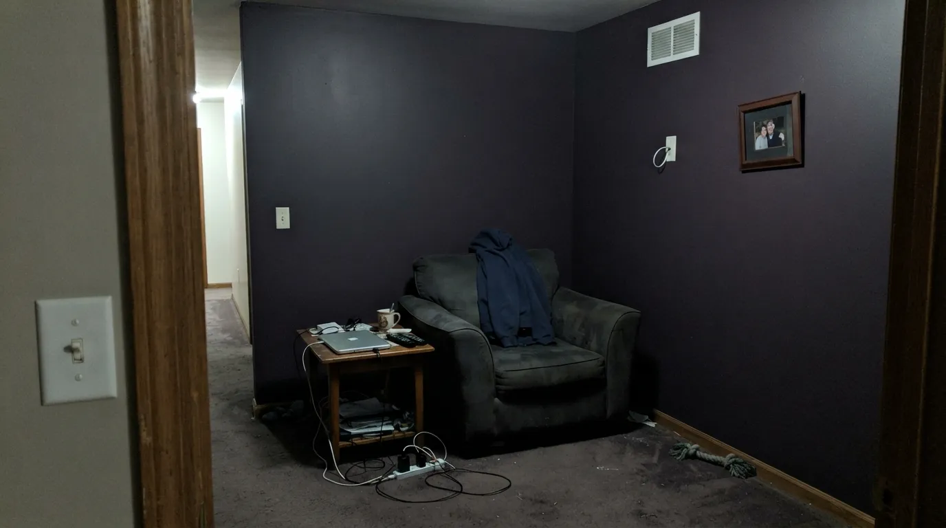 The honest shot: no lamp, no warm light, and Sultana disappears into plain near-black — exactly the letdown for anyone who wanted an obviously purple room.