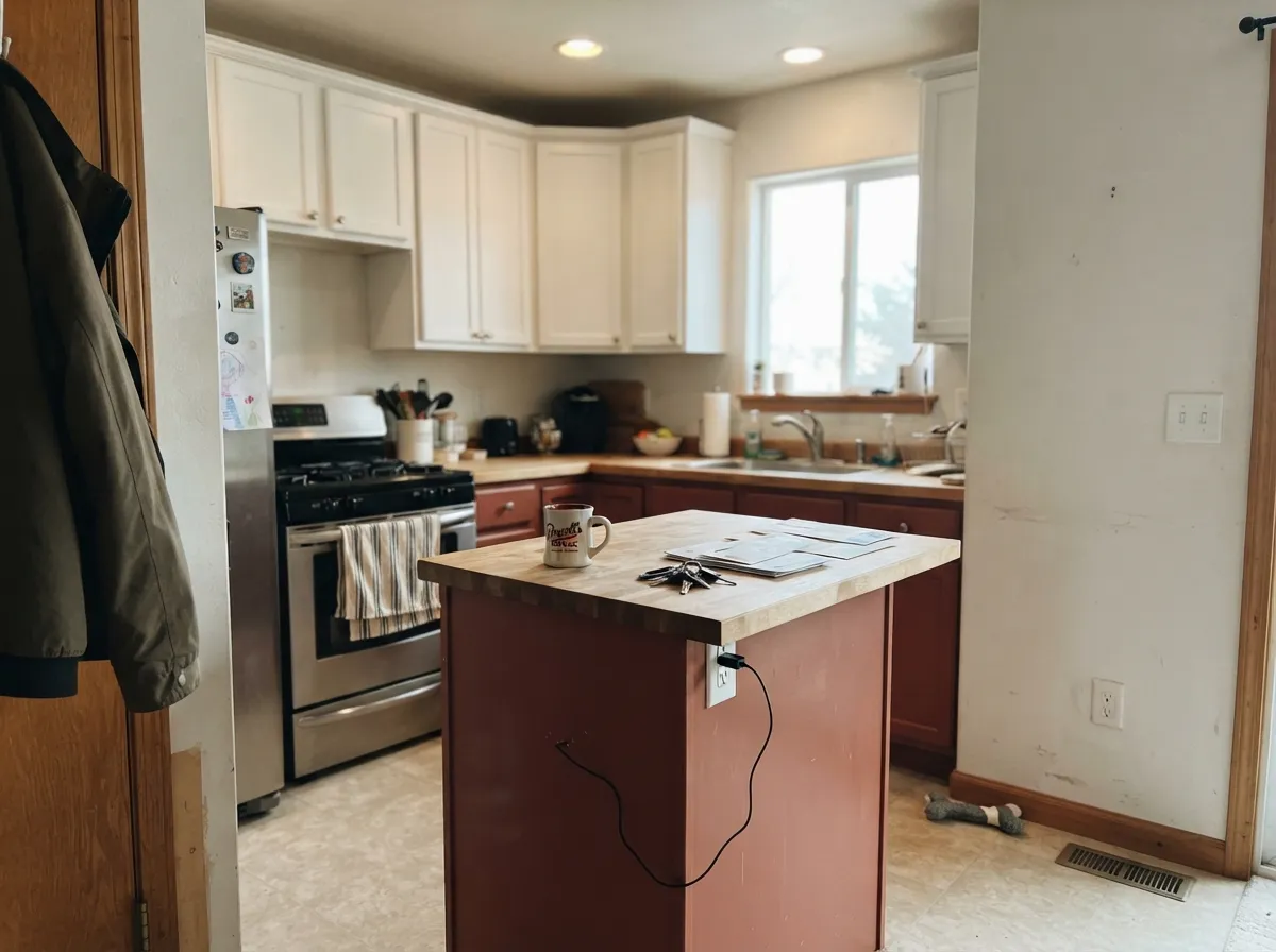 One island, satin finish, white uppers doing the rest of the work — the confident-but-contained way to use this color in a kitchen.