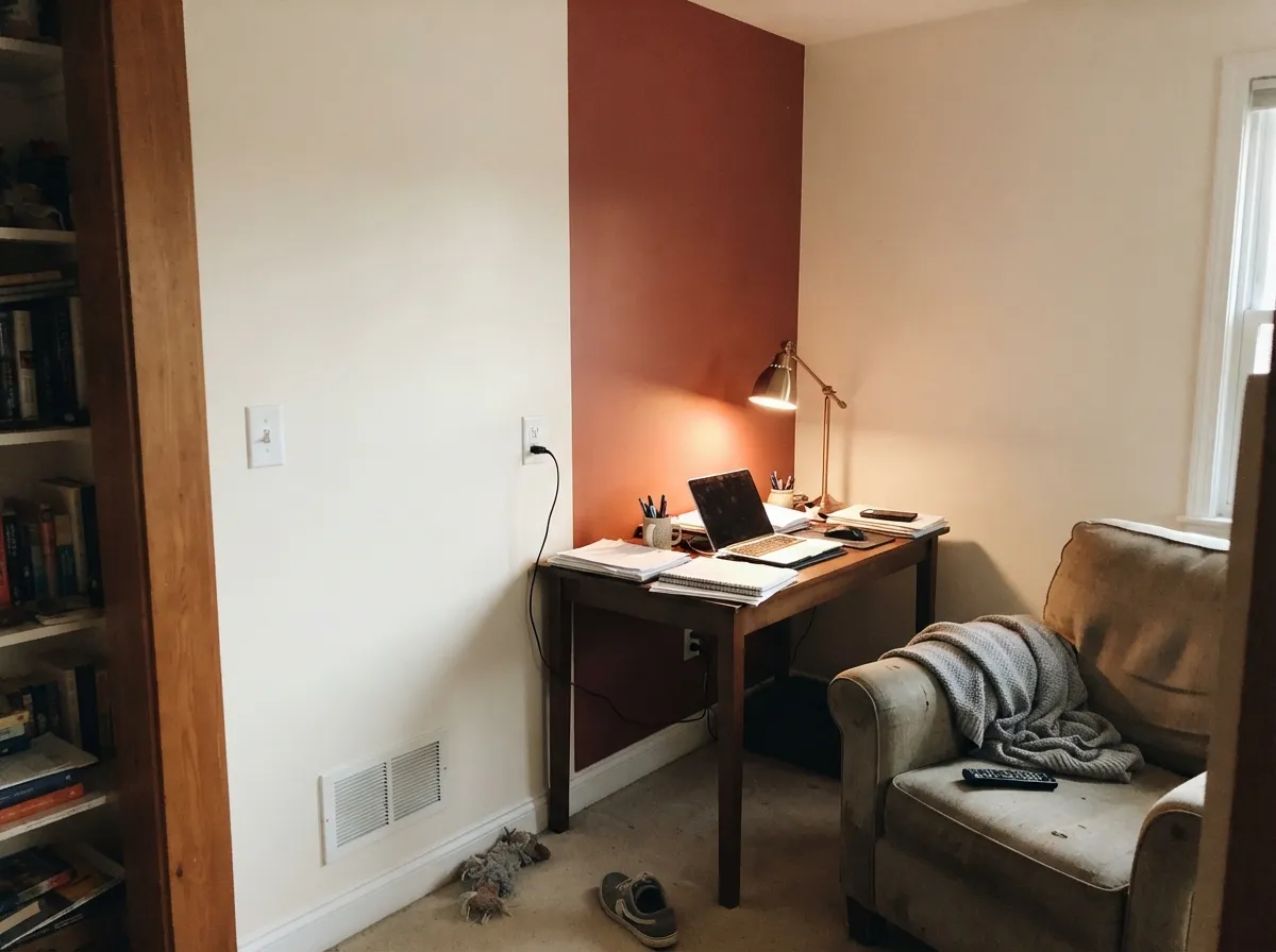 Under warm lamp light the single accent wall goes rich and cozy instead of loud — this is the light it wants.