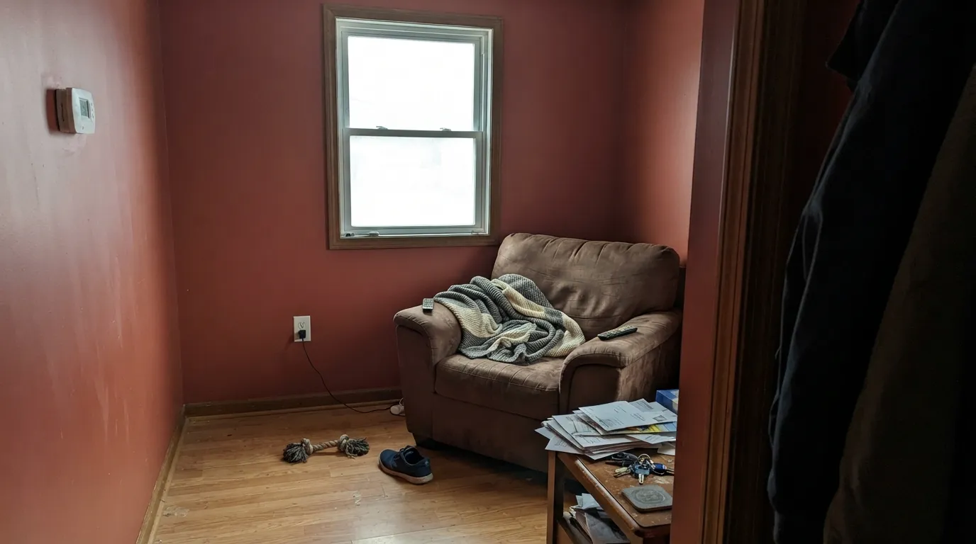 The honest shot: four walls, cool north light, no warm bulbs — the glow disappears and what is left reads heavy and muddy, not the sunset the name promises.