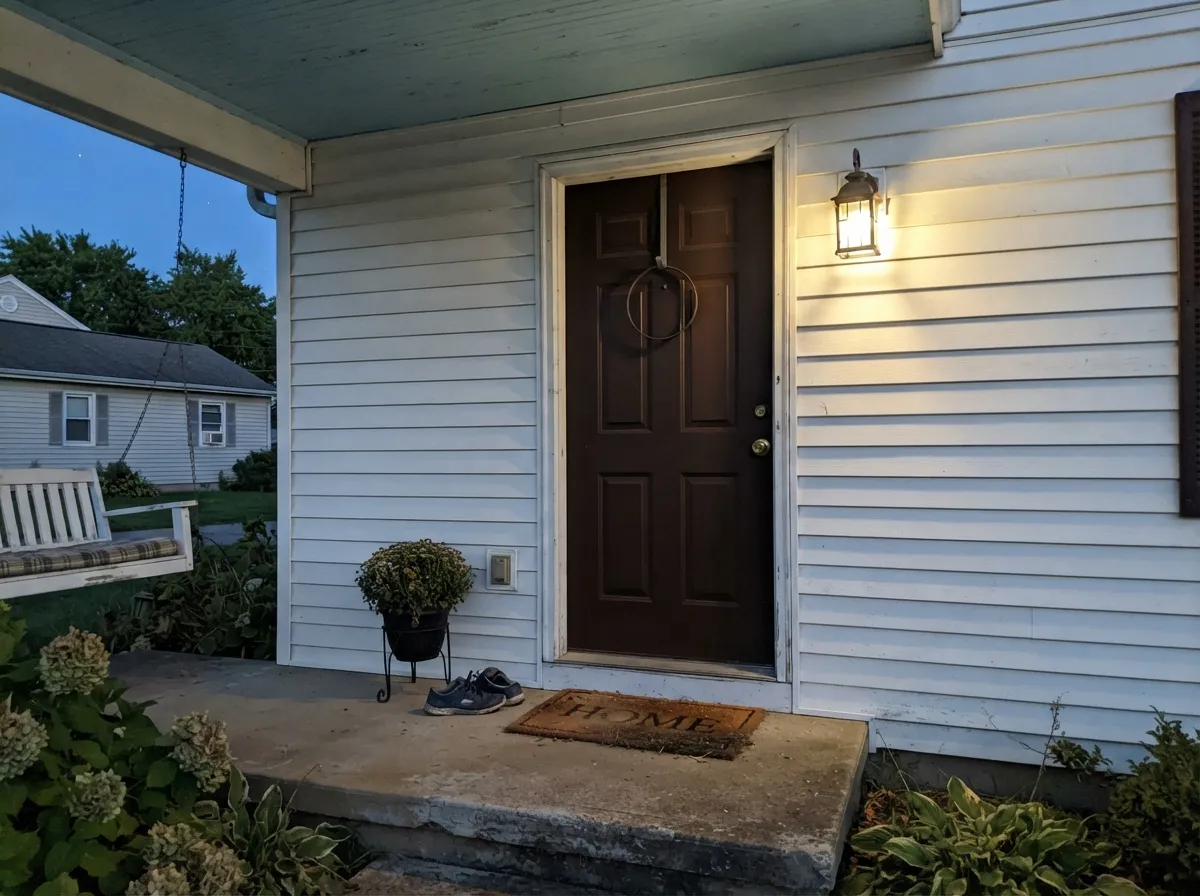 As a front door with a porch light doing the work at dusk, it reads warm and confident instead of a plain black door.