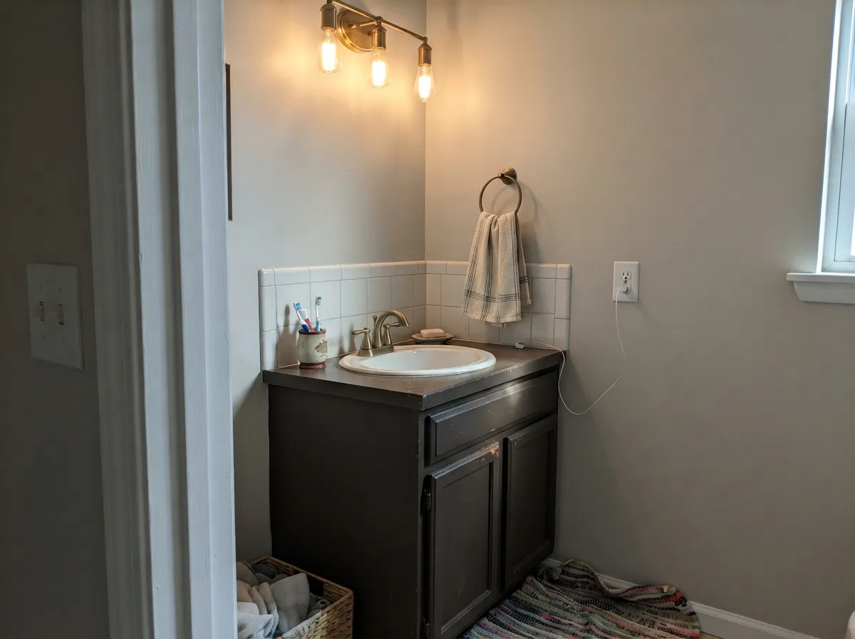 A single vanity under real light is the low-risk way to try this color — brass hardware and a light counter make it look custom.