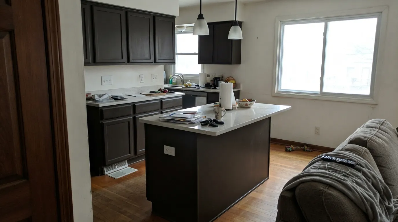 The honest shot: same cabinets, overcast day, lights off. The mahogany warmth is gone and it reads as plain black — the light doing exactly what dim light does to any color this deep.