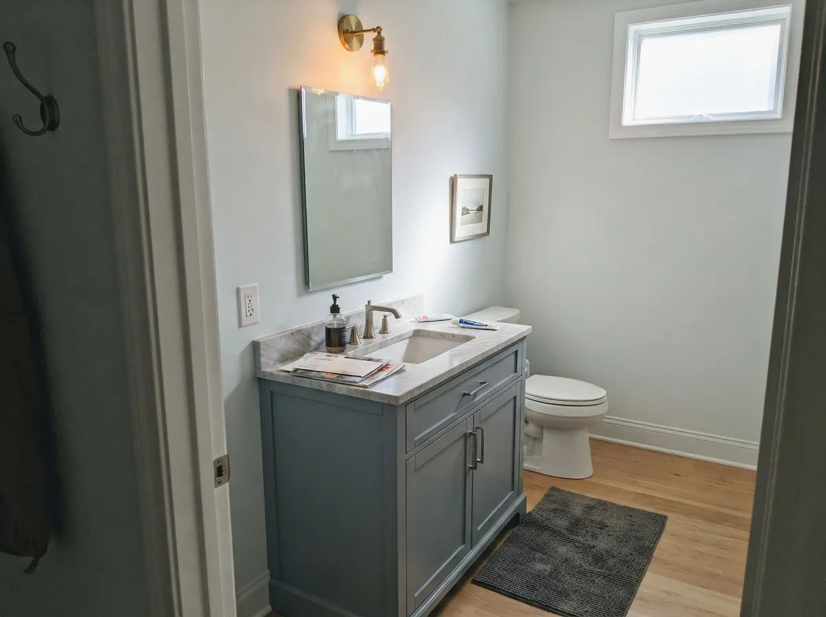 The spa job: Swirling Water walls next to a Palladian Blue vanity and chrome — watery cool, not cream.