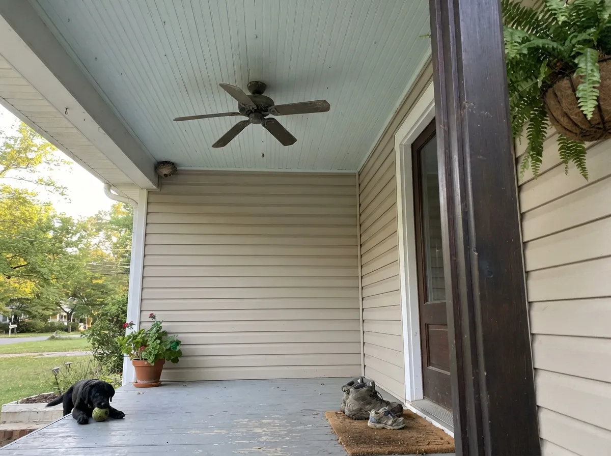 The quiet coastal move: Swirling Water on a porch ceiling — cool shade overhead, not a saturated haint blue.