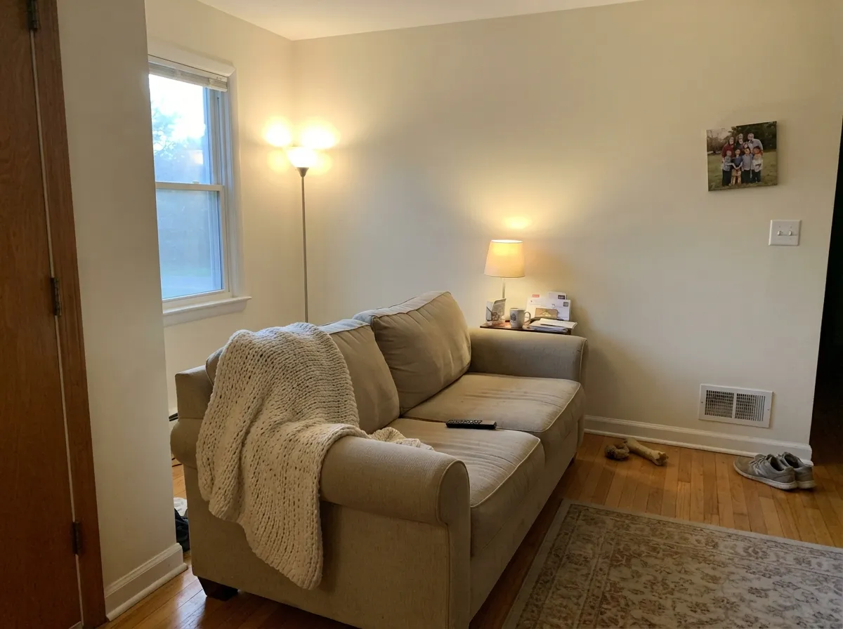 Swiss Coffee living room walls with oak floors and lamp light.