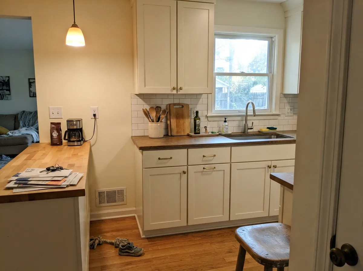 Swiss Coffee kitchen cabinets with butcher block and brass pulls.