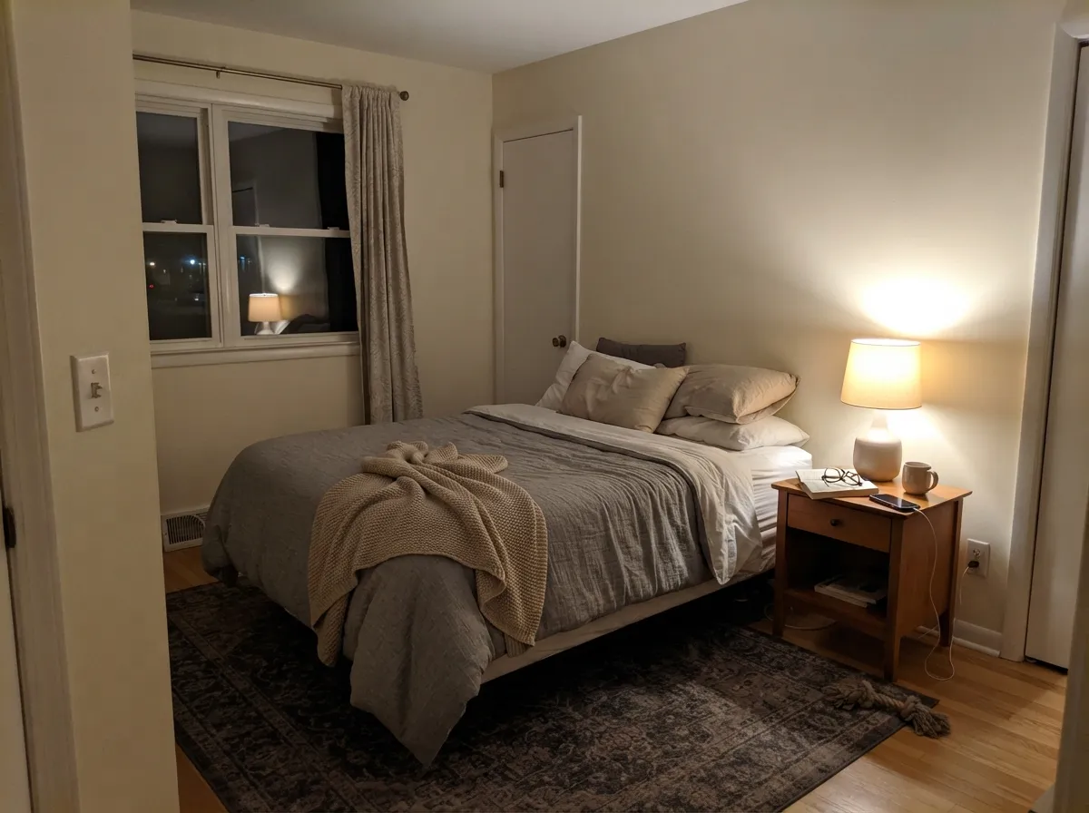 Swiss Coffee bedroom walls bright by day and cozy by lamp at night.