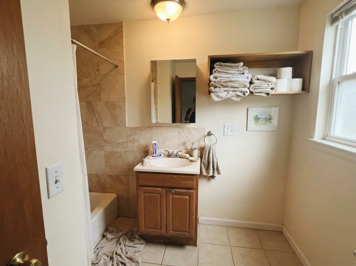 Swiss Coffee bathroom walls with warm marble and a wood vanity.