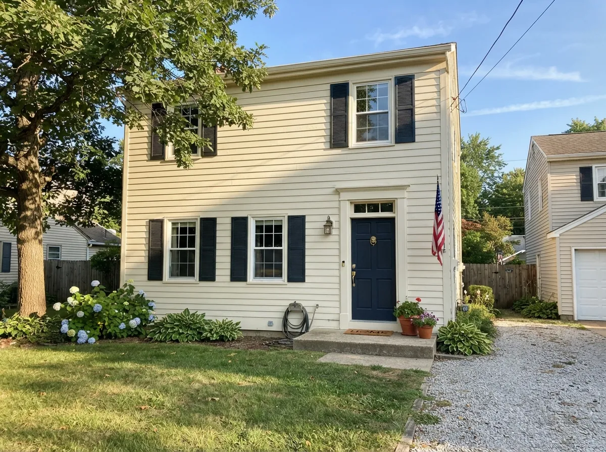 Swiss Coffee exterior siding with dark shutters and front door.