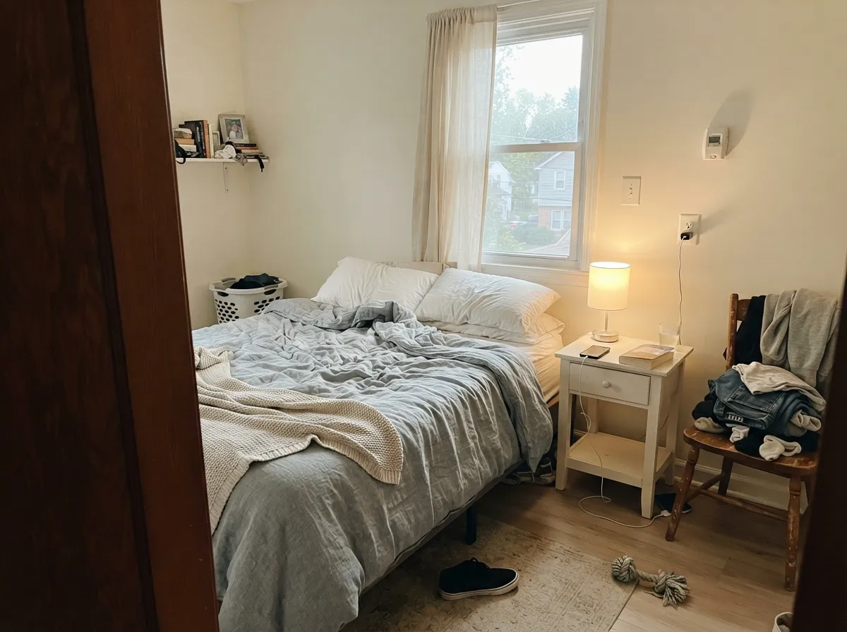 One window and morning light: at LRV 80 the room stays bright, and the cream keeps it from feeling cold.