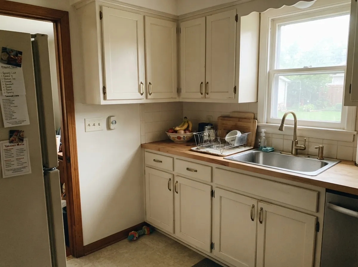Cabinets in Swiss Coffee with butcher block and brass — the pairing the color was practically built for.