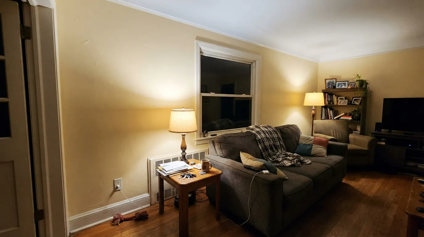 The honest shot: warm bulbs at night against a bright white ceiling, and Swiss Coffee tips to butter — the exact evening that makes people repaint.