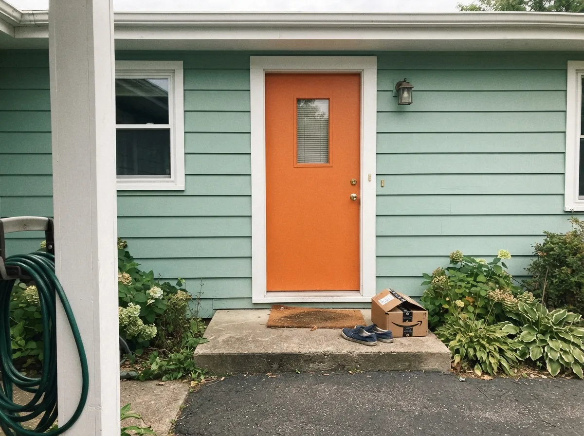 On a sea-glass green house with white trim, the orange door reads modern and deliberate from the sidewalk.