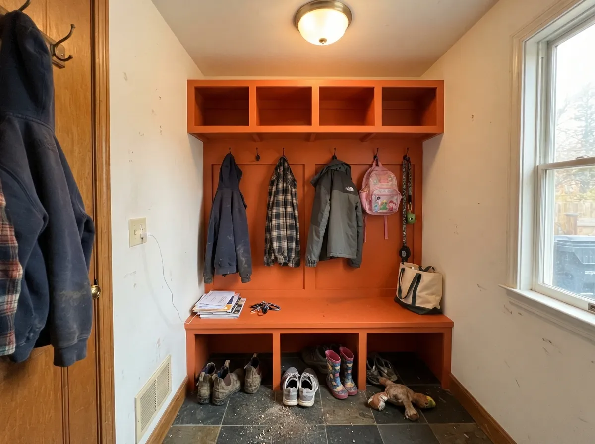 Small, busy rooms take strong color best — orange lockers in satin enamel wipe clean and make a utility space look chosen.